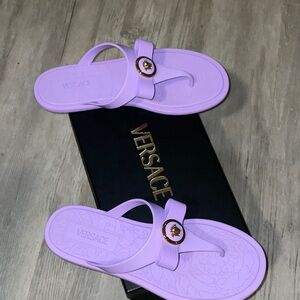 Versace Lilac Sandals with Gold Medallion